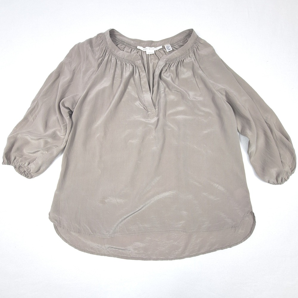 Max Studio Blouse Womens XL Gray 100% Silk Split Neck 3/4 Sleeve Relaxed Top